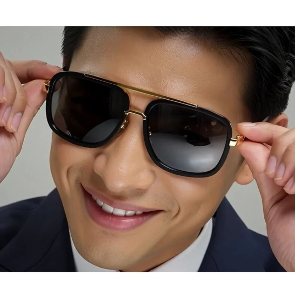 Trendy Men‎ Sunglasses Gold Black Frame Mirror Lens Retro Square Oversized Male
